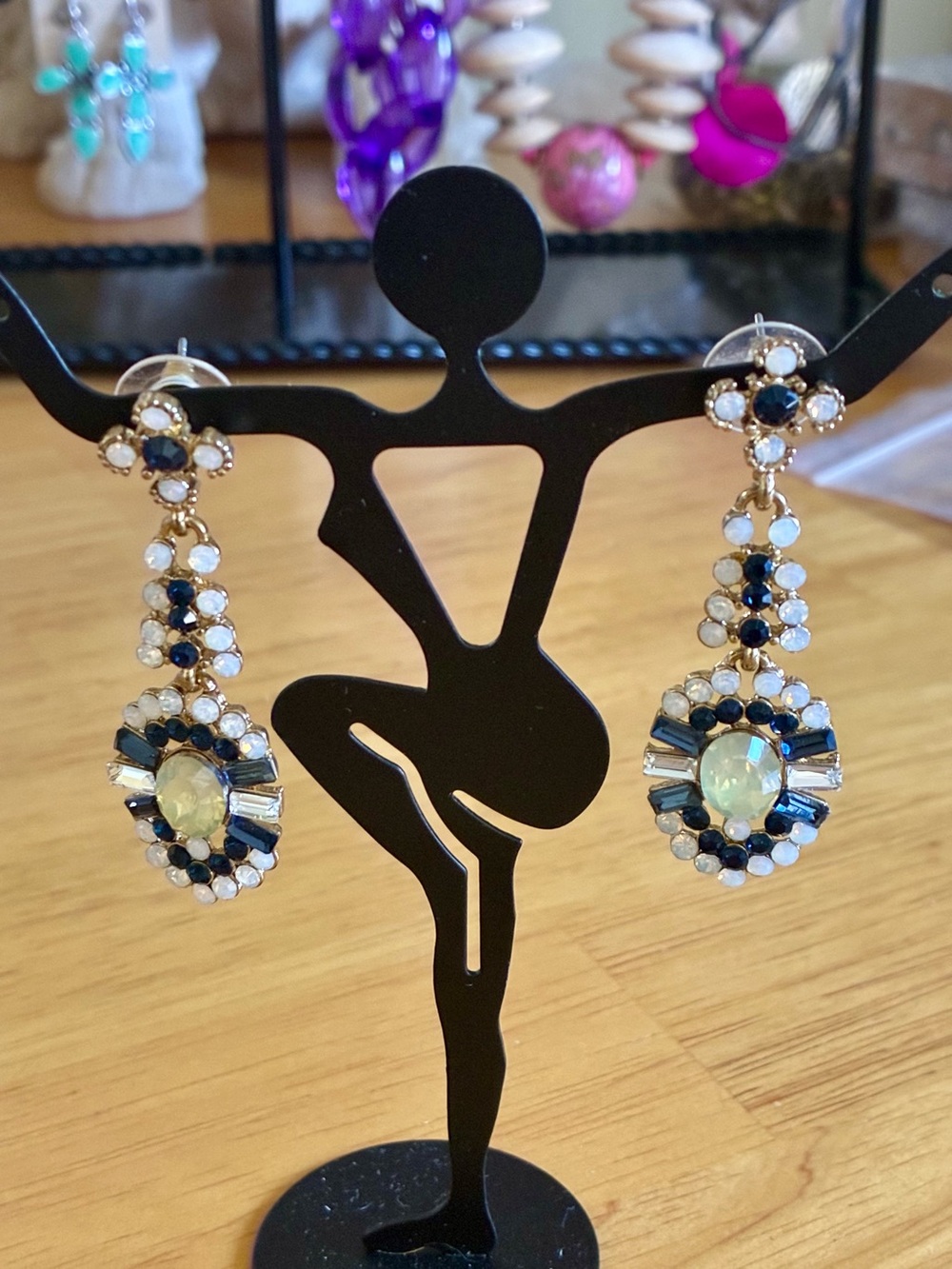 Gold-Tone Navy and White Crystal Drop Earrings .